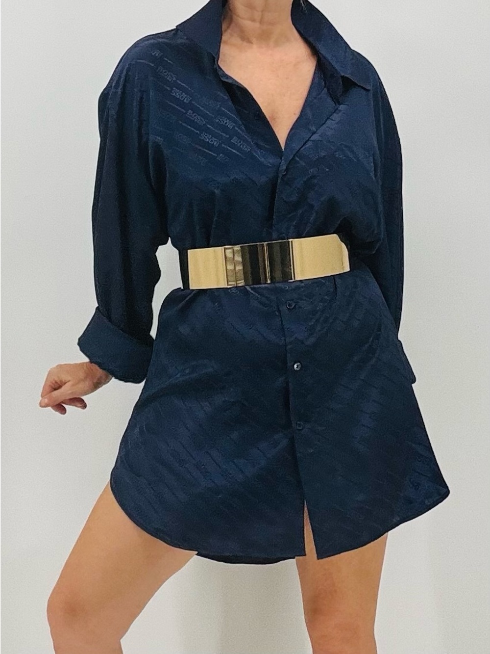 Hugo Boss Minimalist Old Money Tailored Embossed Logo French Cuff Shirt Dress